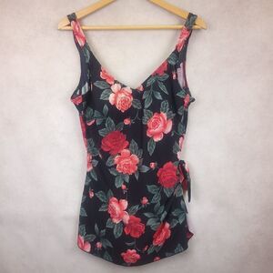 Vintage Roxanne Black Pink Floral One Piece Adjustable Straps Swimsuit  14/38C
